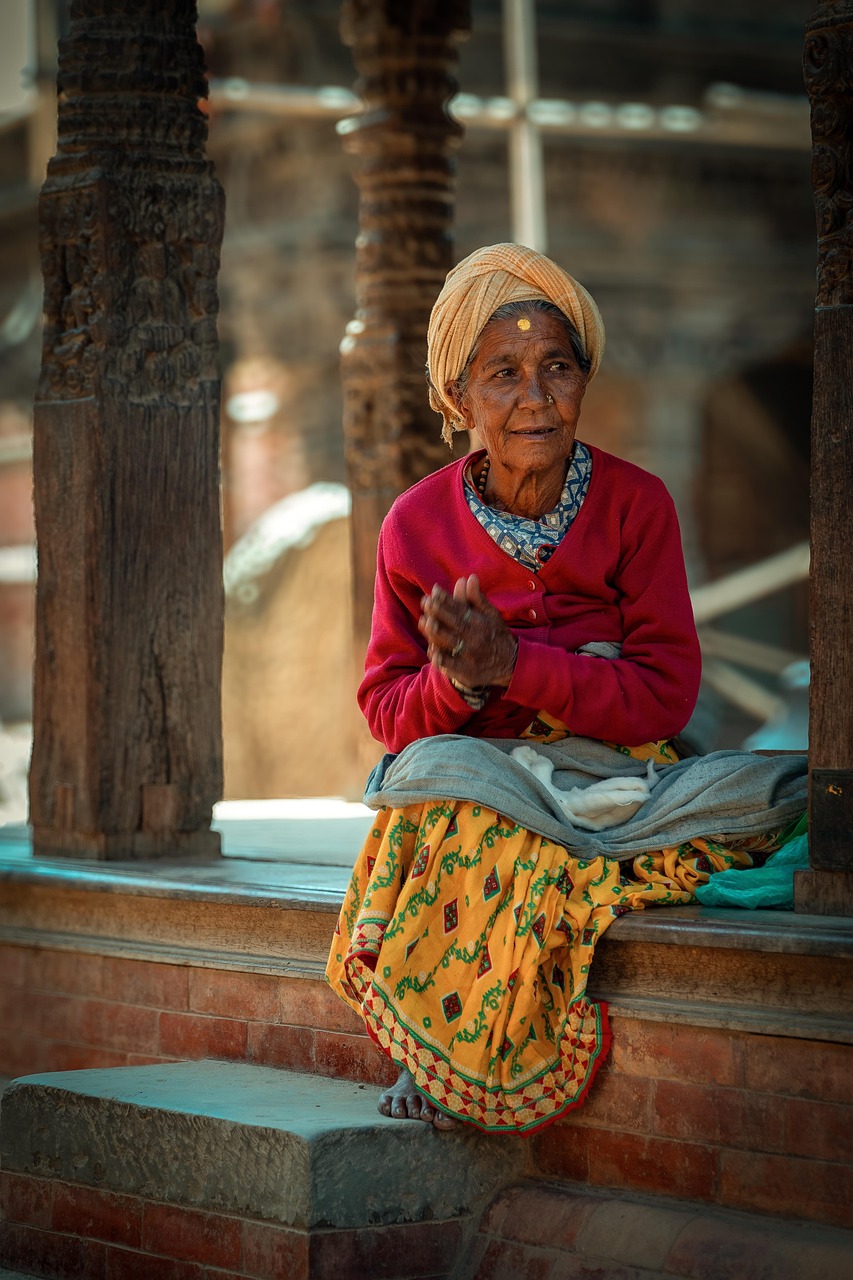 woman, elderly, red clothes, yellow skirt, nepal, nepal, nepal, nepal, nepal, nepal