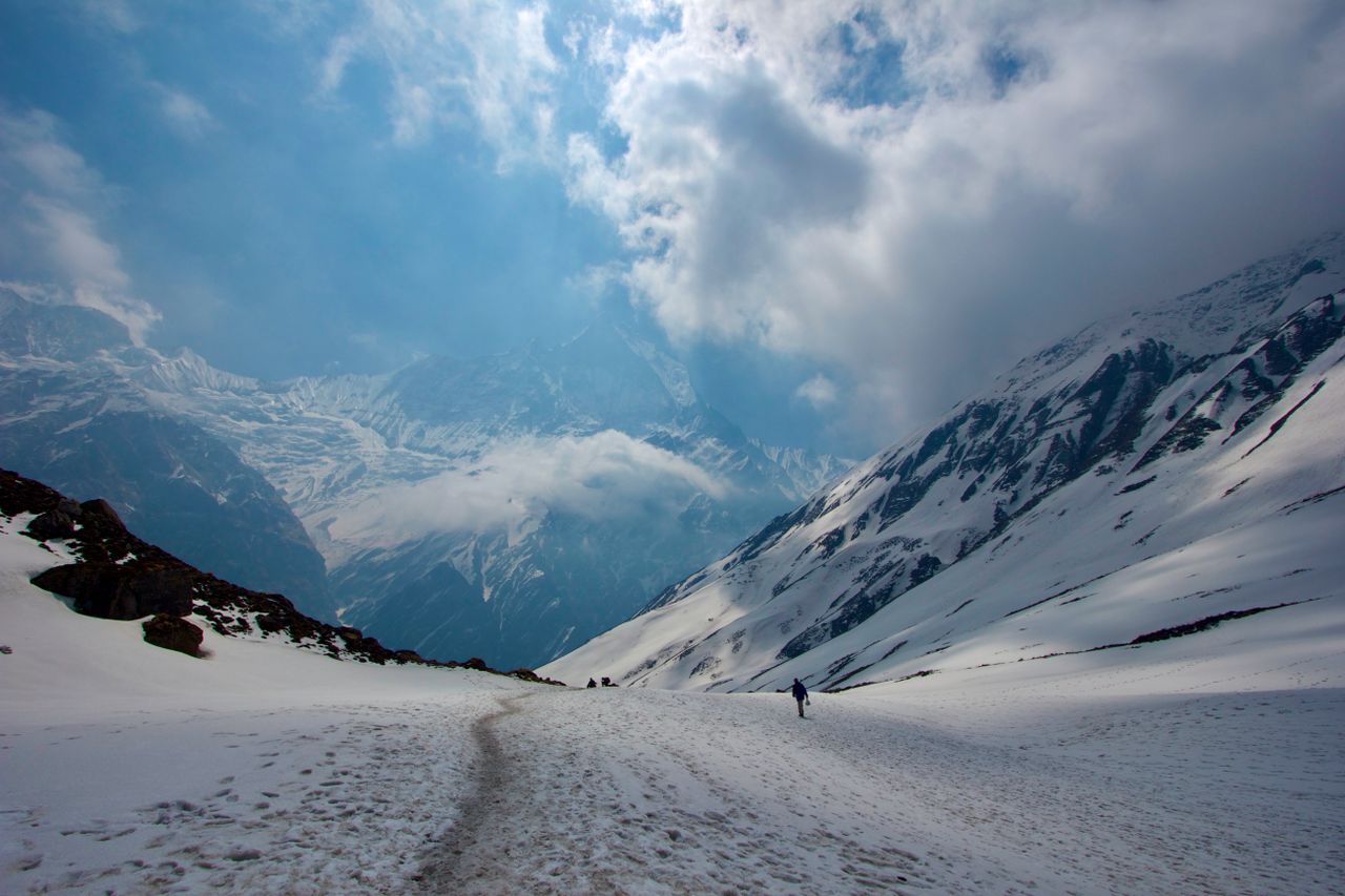 A breathtaking view of a snowy landscape in the Annapurna region of Nepal, perfect for adventure travel.