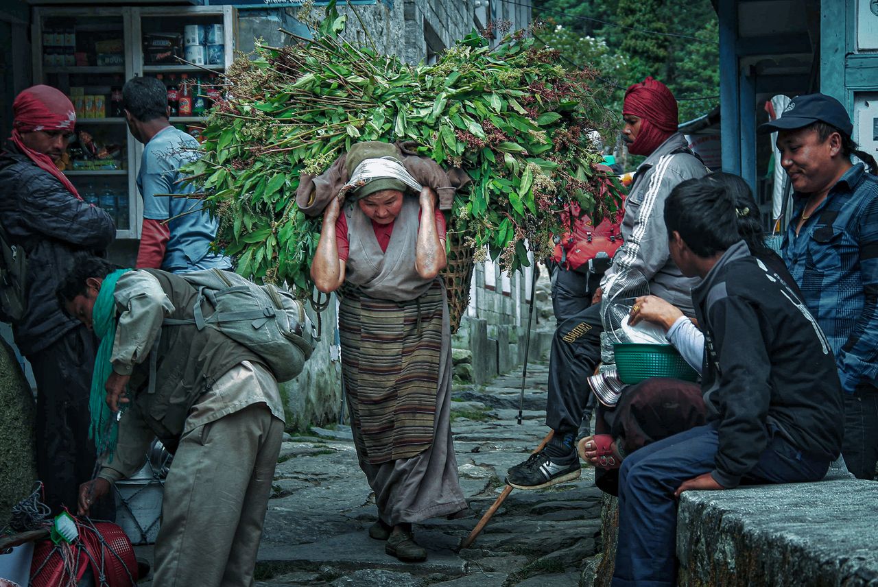 A woman carries foliage in a Nepal village surrounded by locals, depicting daily life in Asia.